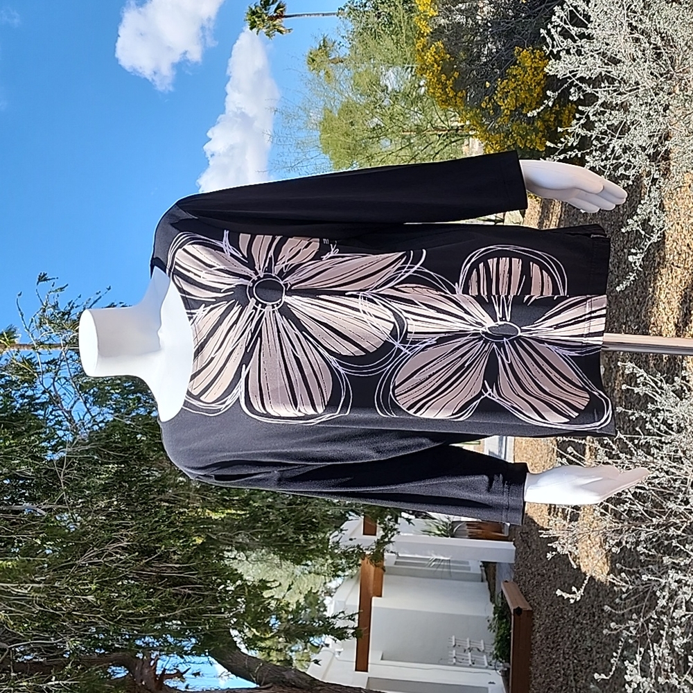SAG HARBOR Oversized Flowers Top L Stretchy Slinky Shirt Black 3/4 Sleeve Travel - Picture 7 of 13